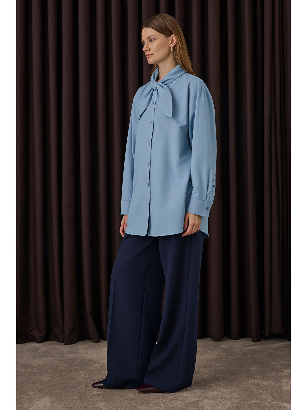 Çift Pileli Palazzo Pantolon Lacivert-1