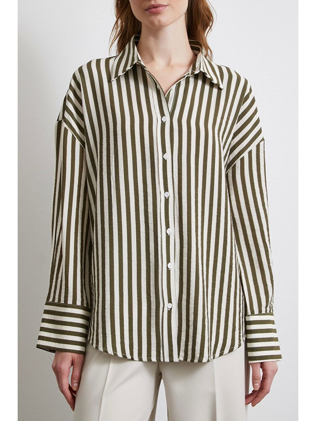 Çizgili T Kol Gömlek Haki-1
