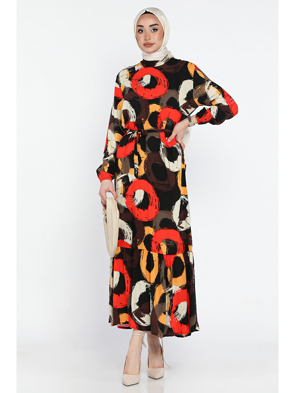 Siyah Bel Bağlamalı Desenli Tesettür Viskon Elbise