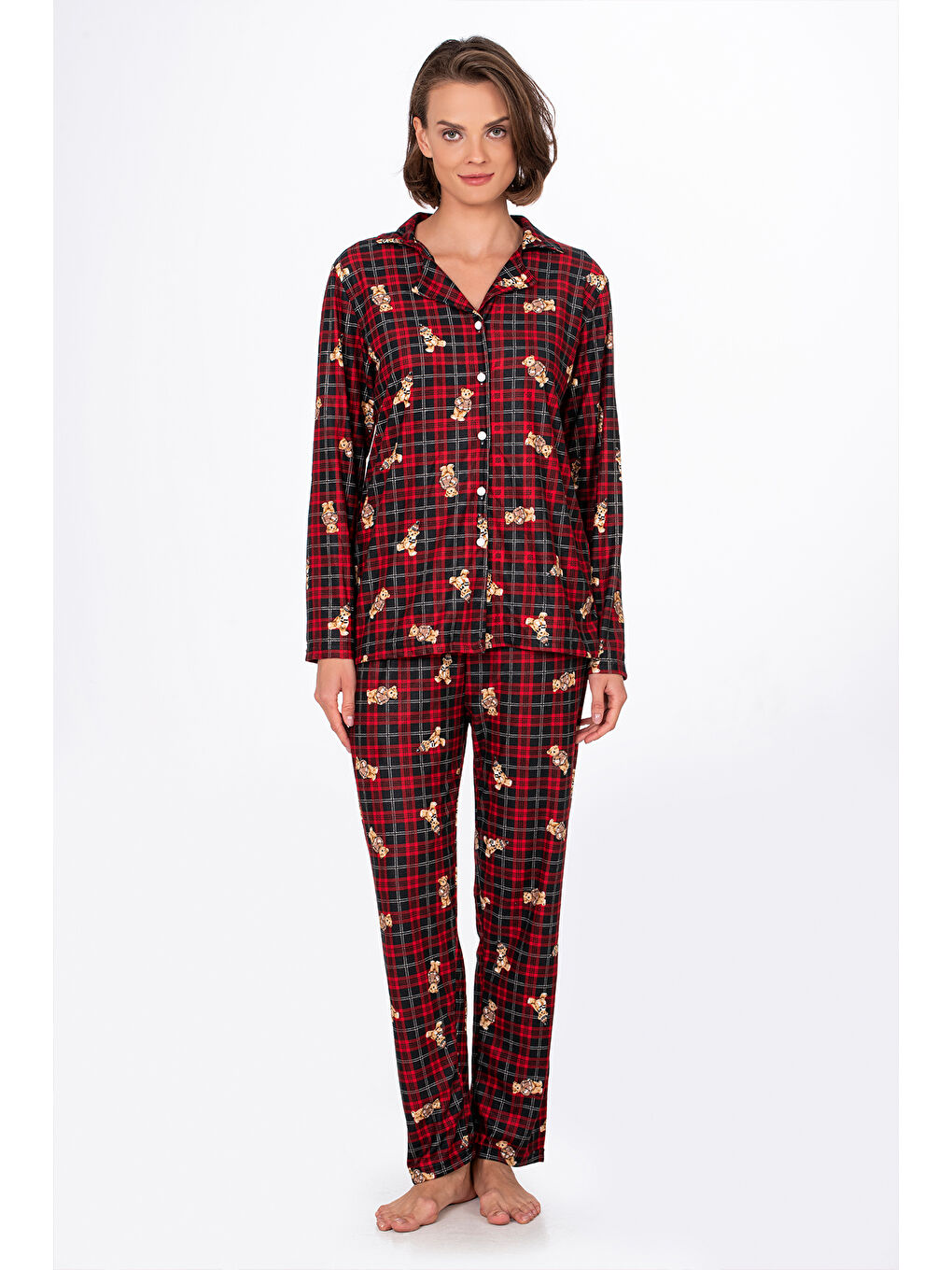 Kırmızı Kadın Süet Önden Düğmeli Pijama Takımı | Ayıcık Desen-2