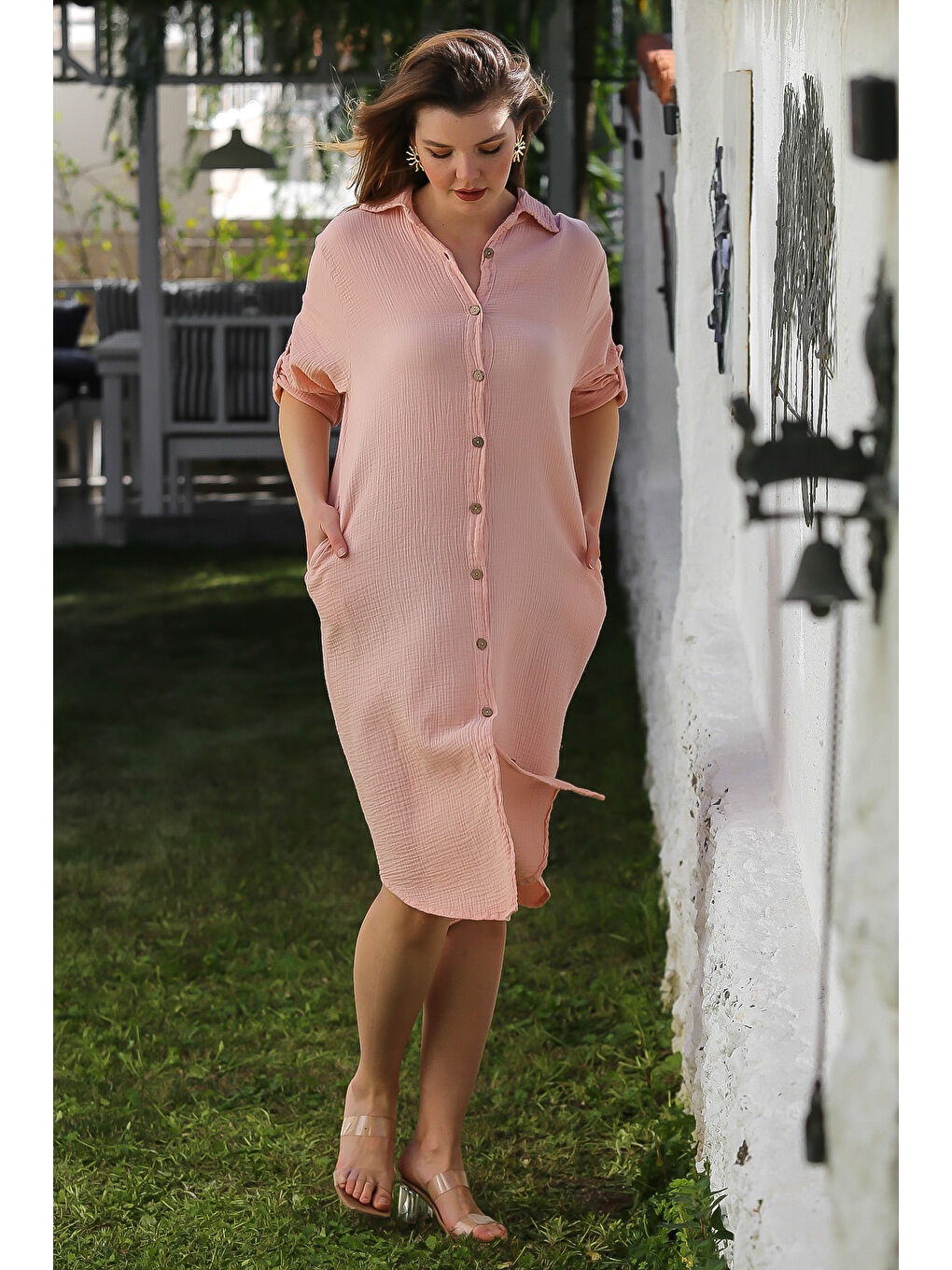 Pembe Pudra Gömlek Yaka Düğmeli Uzun Kollu Cepli Yıkamalı Casual Müslin Dokuma Elbise 118 62-5
