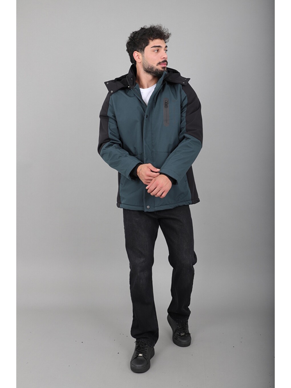 Petrol Çift Renk İçi Kürklü Softshell Kışlık Mont Pldp 3041_50525-5