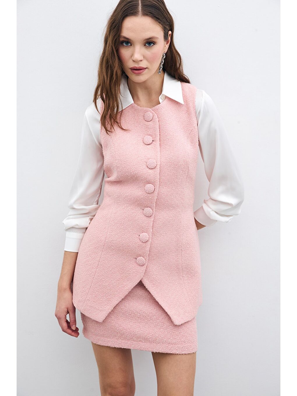 Pembe Düğmeli Tüvit Yelek - Pudra-4