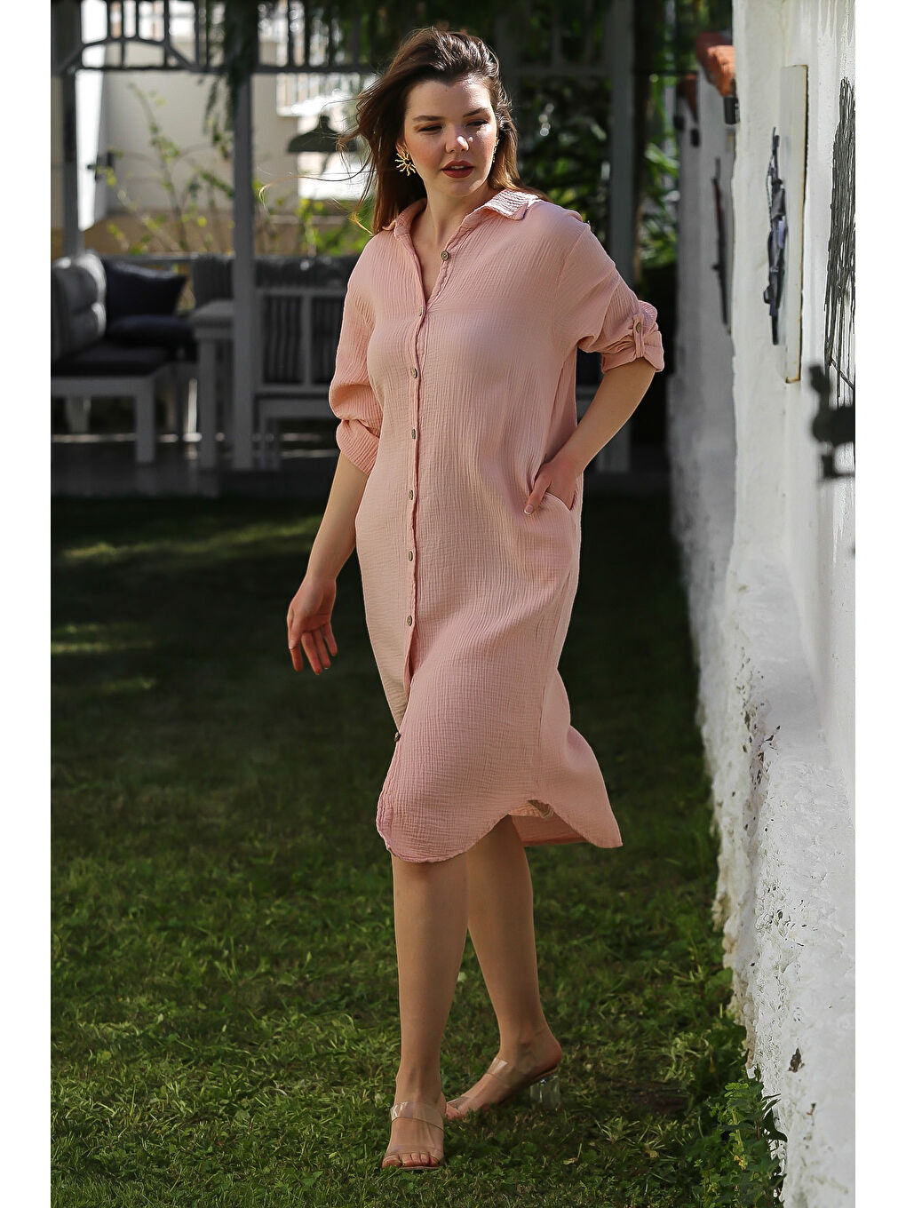 Pembe Pudra Gömlek Yaka Düğmeli Uzun Kollu Cepli Yıkamalı Casual Müslin Dokuma Elbise 118 62-6
