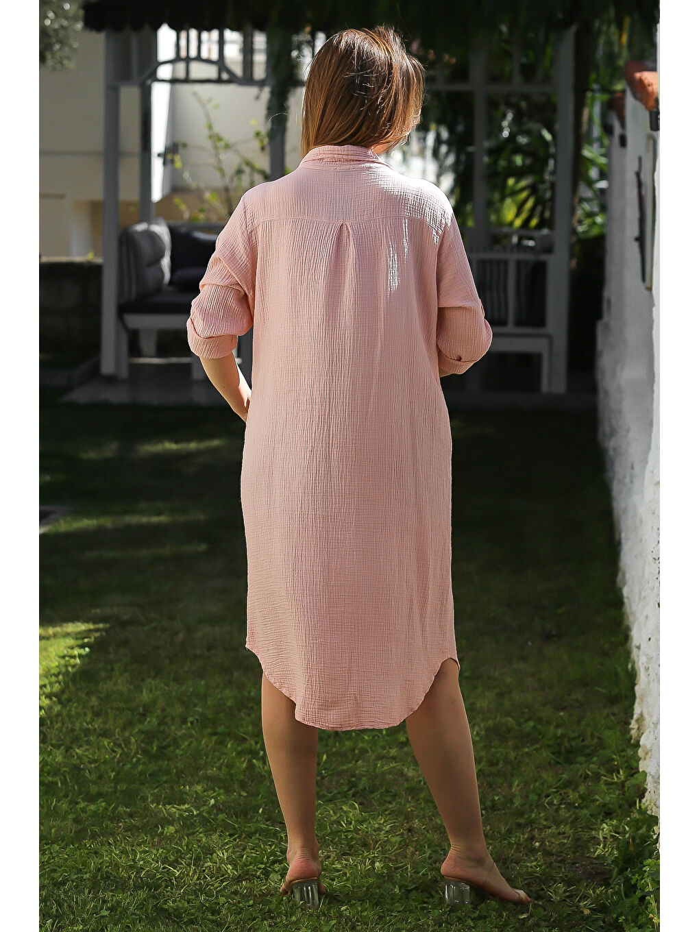 Pembe Pudra Gömlek Yaka Düğmeli Uzun Kollu Cepli Yıkamalı Casual Müslin Dokuma Elbise 118 62-7