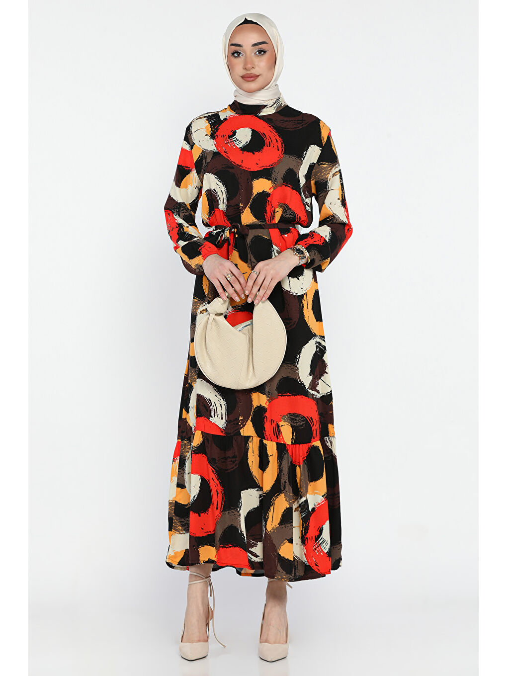 Siyah Bel Bağlamalı Desenli Tesettür Viskon Elbise-2