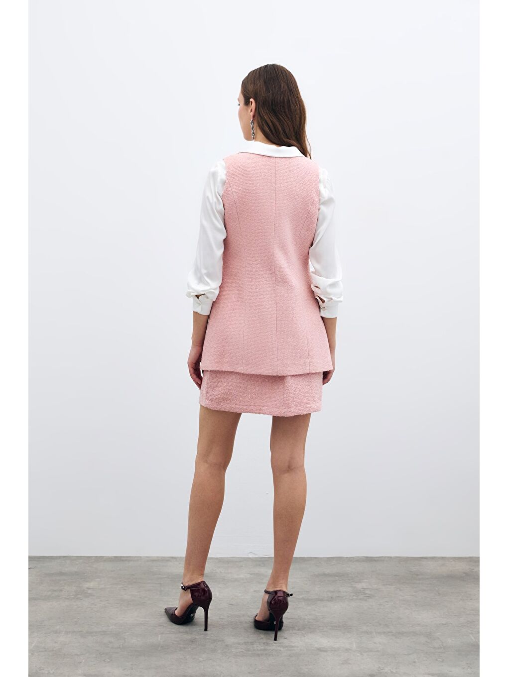 Pembe Düğmeli Tüvit Yelek - Pudra-5