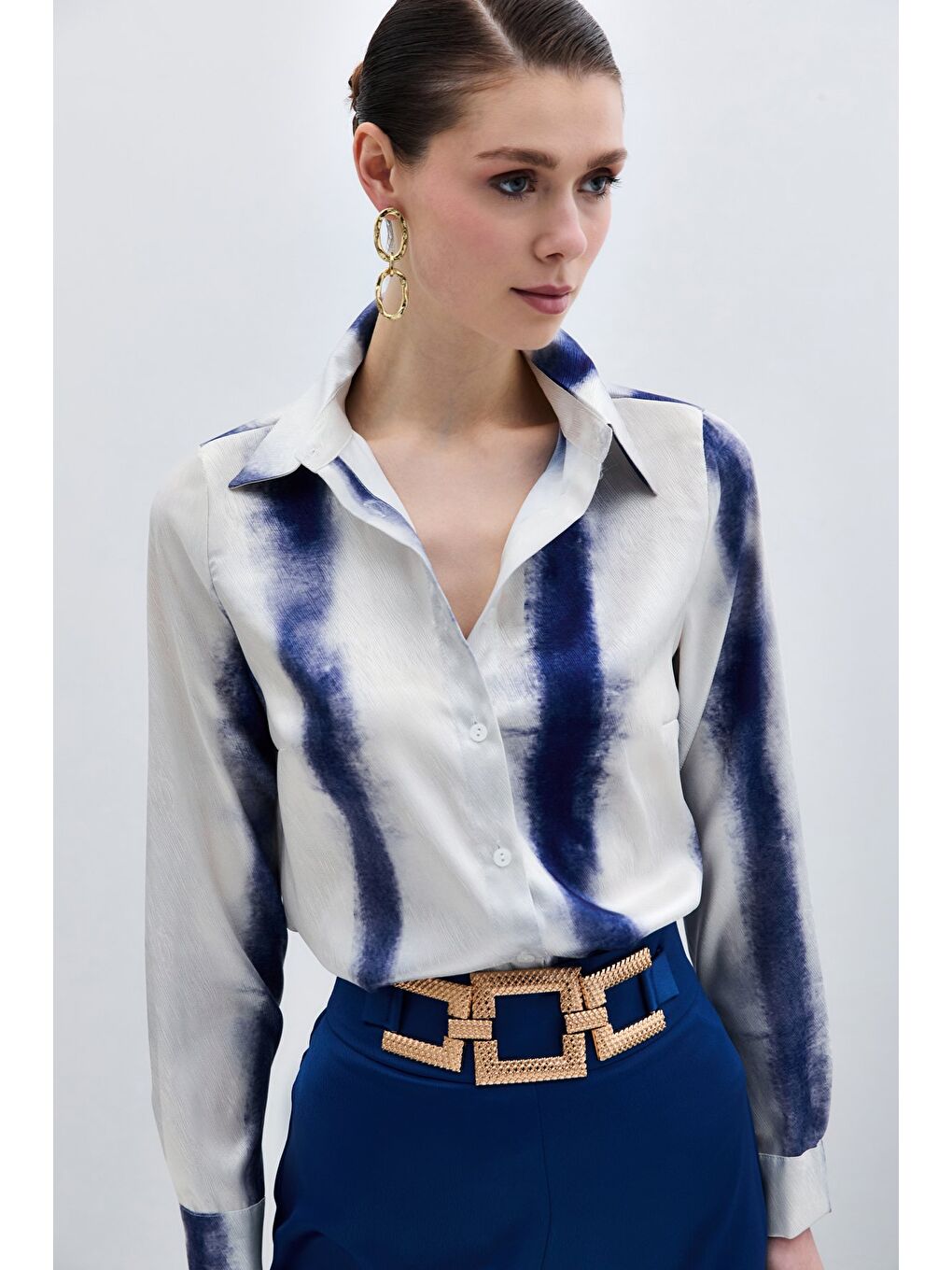 Desenli Klasik Gömlek - Sax Mavi-4