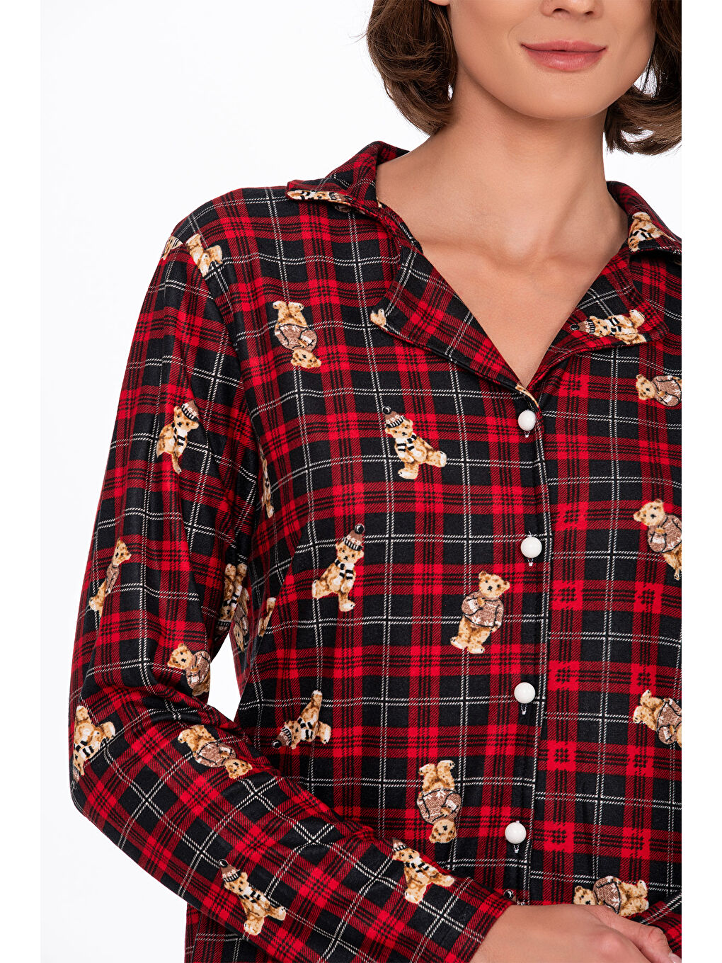 Kırmızı Kadın Süet Önden Düğmeli Pijama Takımı | Ayıcık Desen-3