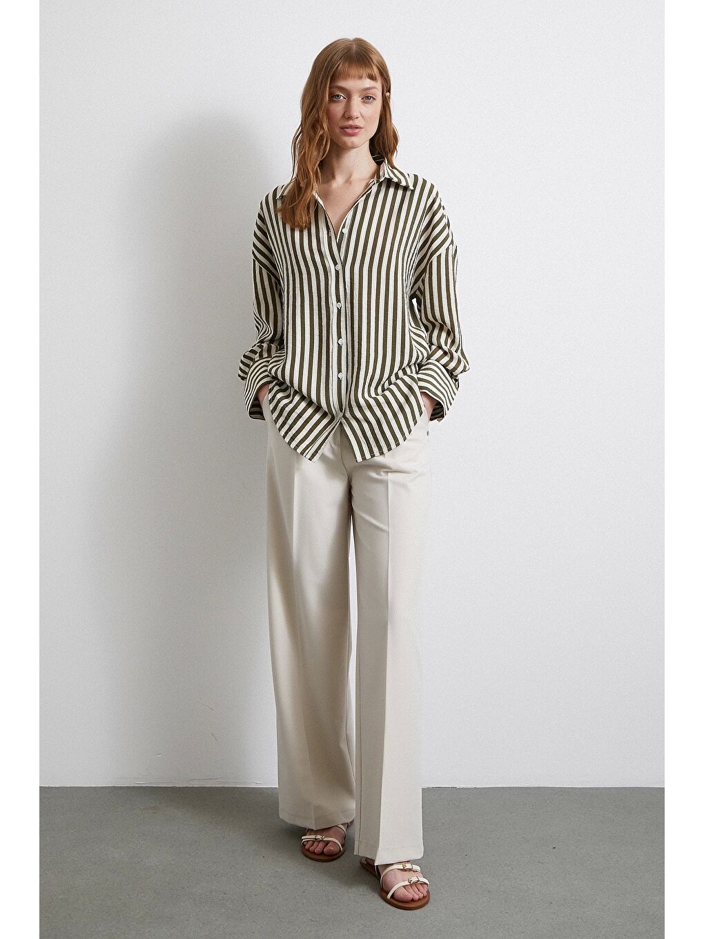 Çizgili T Kol Gömlek Haki-4