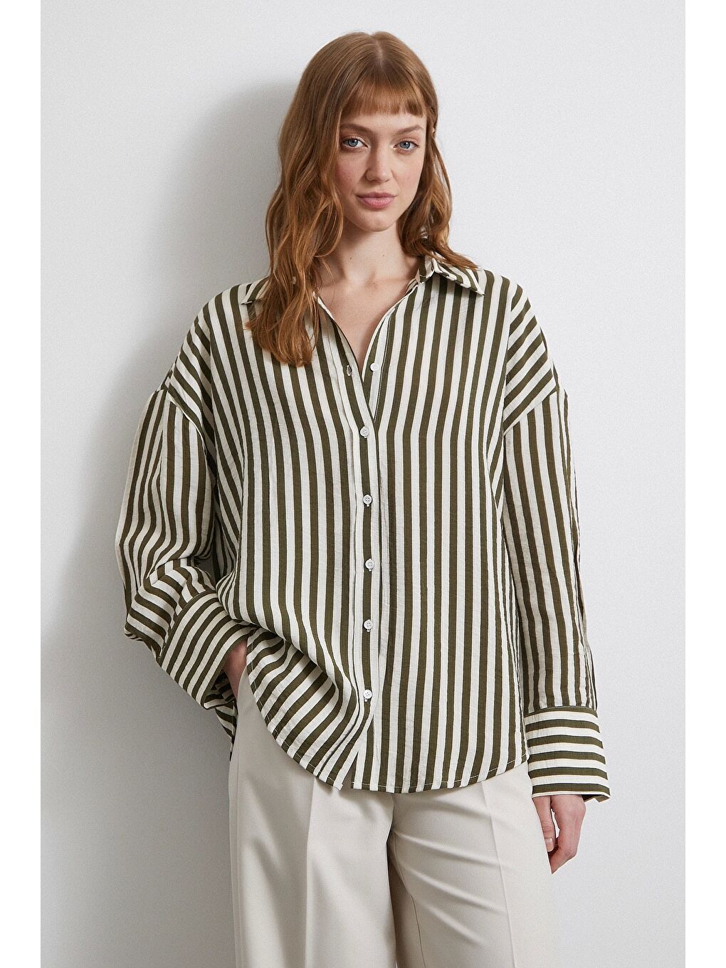 Çizgili T Kol Gömlek Haki-5