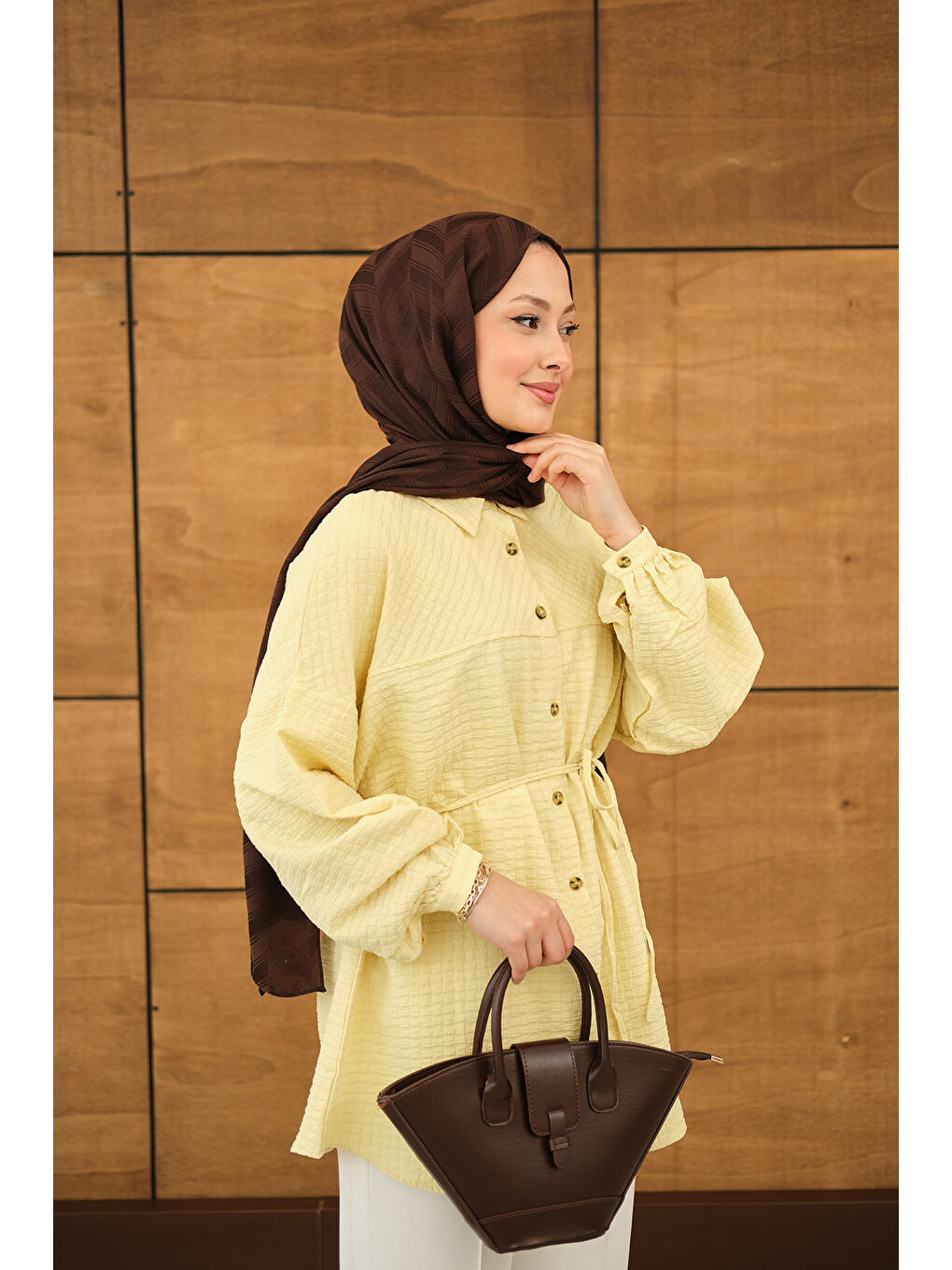 Kadın Kabartma Kare Desenli Gömlek Sarı-1