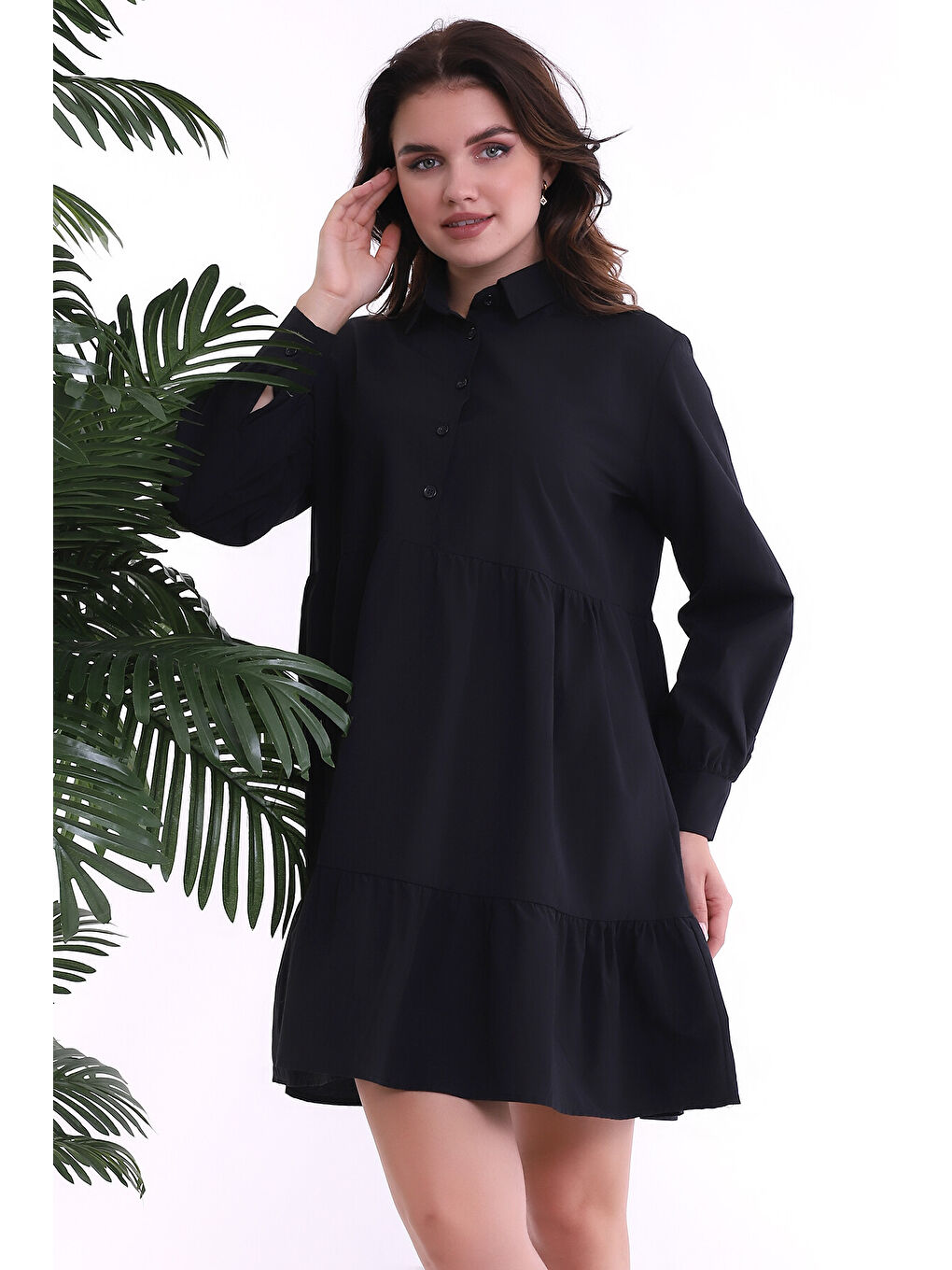 Siyah TerryCotton Gömlek Yaka Patlı Katlı Uzun Kol Elbise SIYAH-3