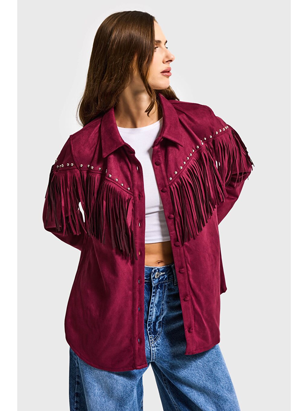 Kadın Bordo Süet Kumaş Püskül ve Drop Detaylı Tasarım Gömlek Ceket-1