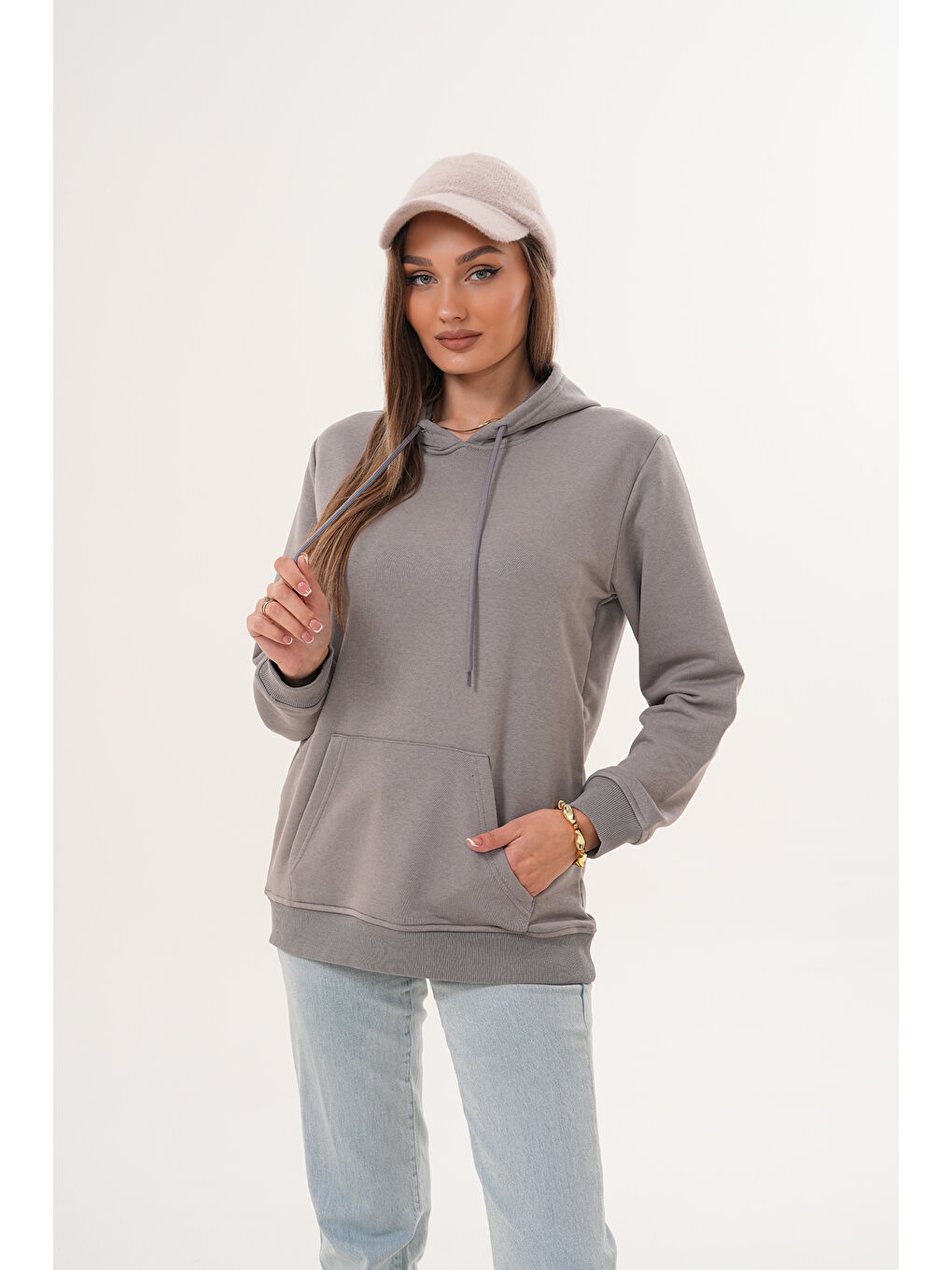 Gri Unisex %100 Pamuk Basic Premium Kapüşonlu Sweatshirt