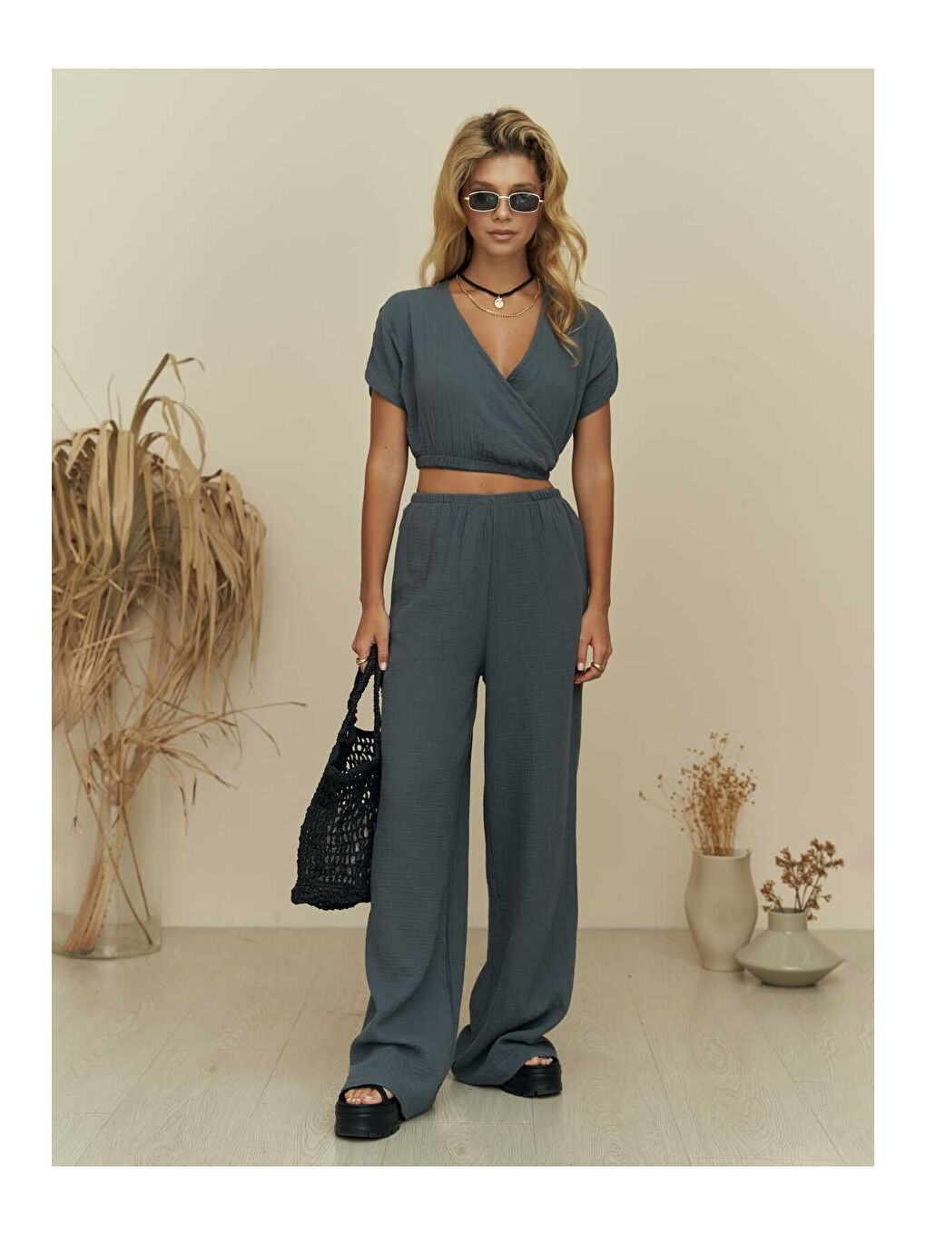 Phuket Antrasit Müslin Crop Takım-1