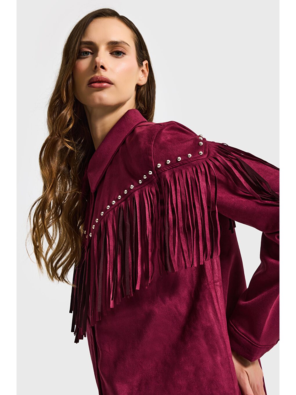 Kadın Bordo Süet Kumaş Püskül ve Drop Detaylı Tasarım Gömlek Ceket-2