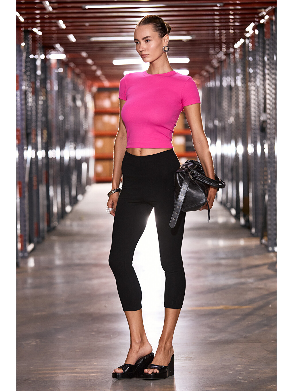 Pembe HOPEWELL Kadın Yuvarlak Yaka Örme Slim Fit KOYU PEMBE T-Shirt-2