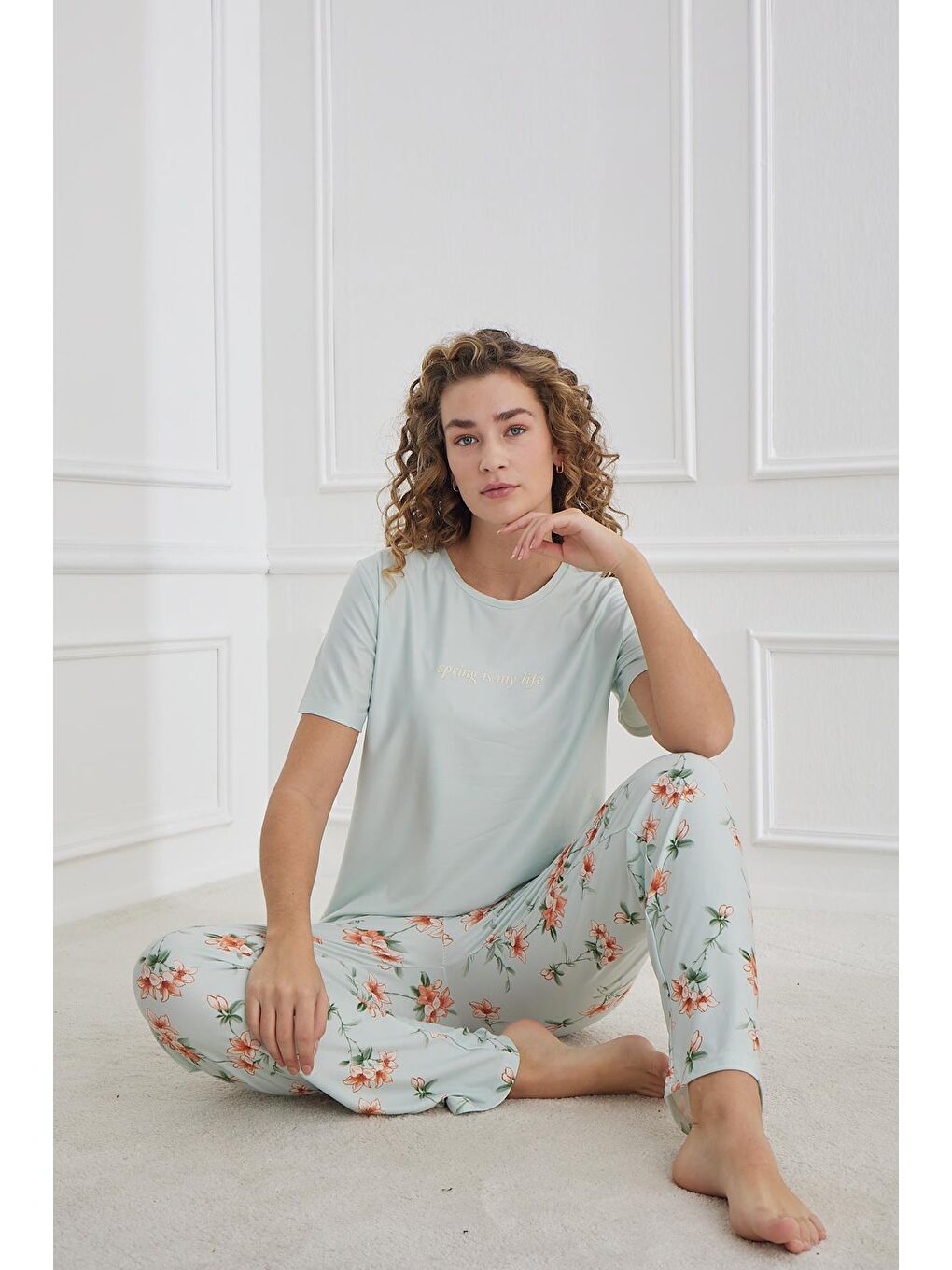 Yeşil Kadın Çiçek Desenli Bisiklet Yaka Pijama Takım | Mint 30102-1286-1