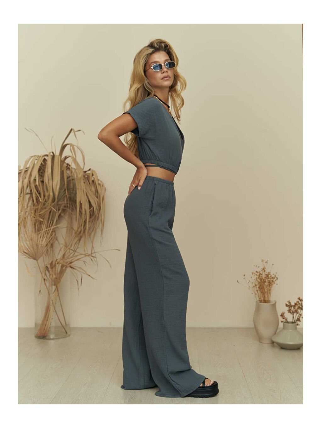 Phuket Antrasit Müslin Crop Takım-2