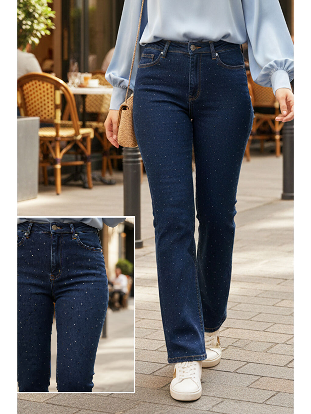 Taş Detay Bootcut Denim Pantolon 35772 Koyu Lacivert