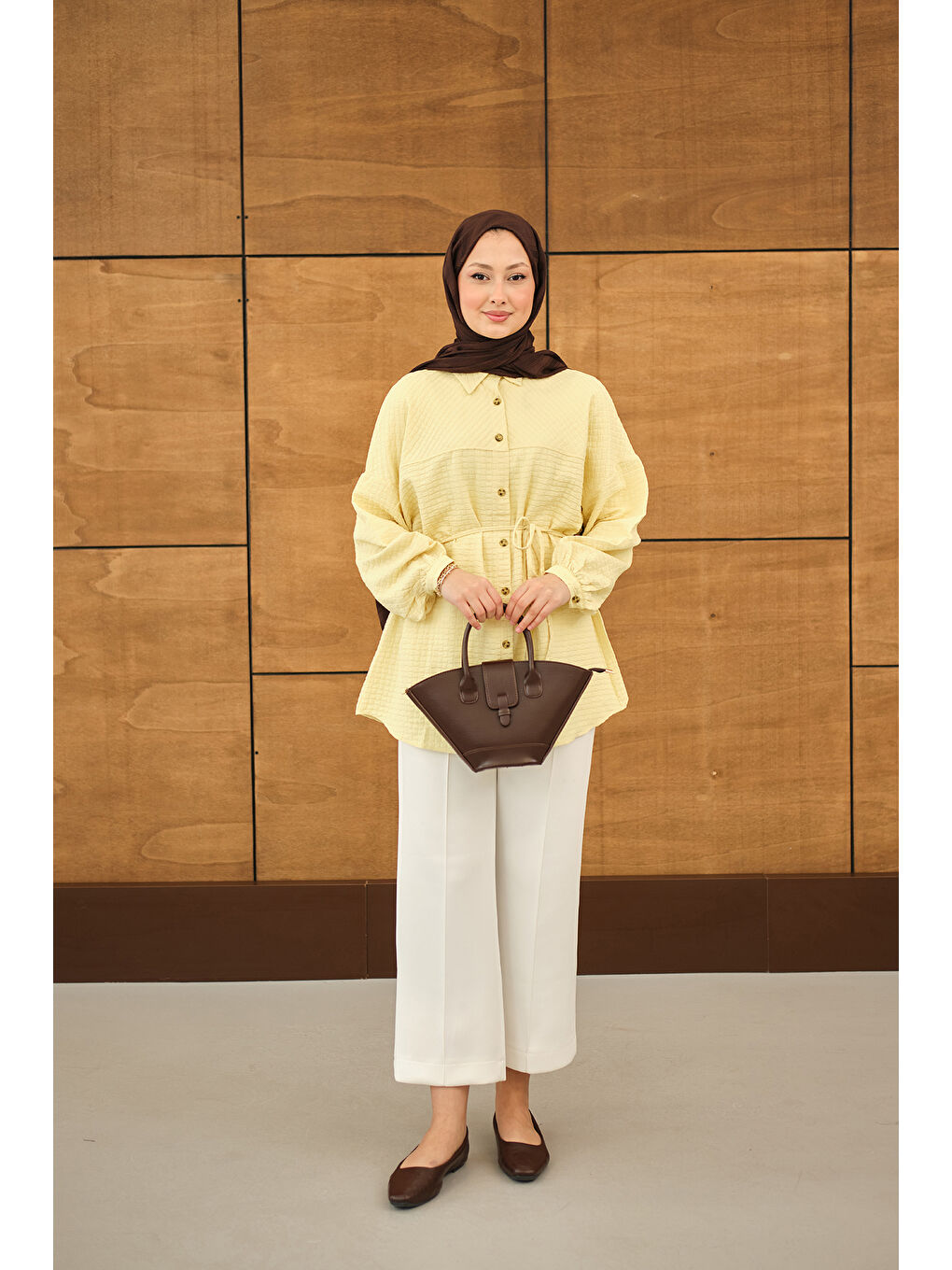 Kadın Kabartma Kare Desenli Gömlek Sarı-2