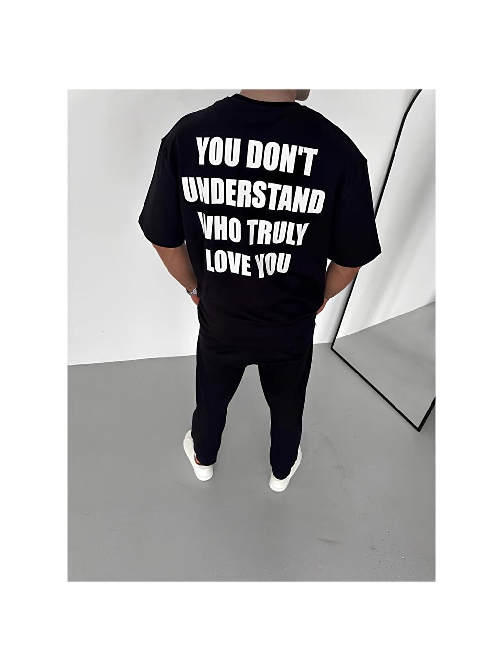 Unisex Bisiklet Yaka Ön Arka Baskılı Oversize Siyah Tişört-1