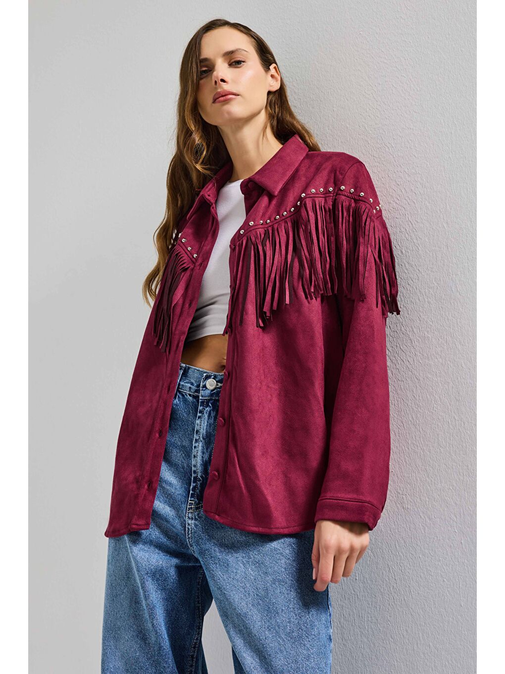 Kadın Bordo Süet Kumaş Püskül ve Drop Detaylı Tasarım Gömlek Ceket-4