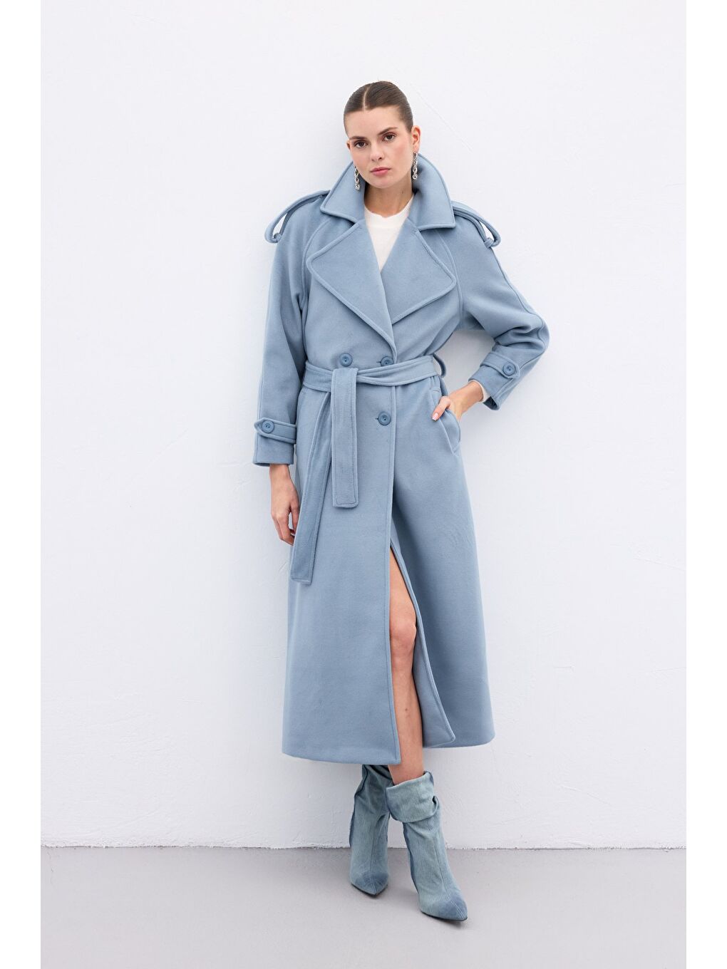 Geniş Yaka Uzun Kaban - Mavi-1