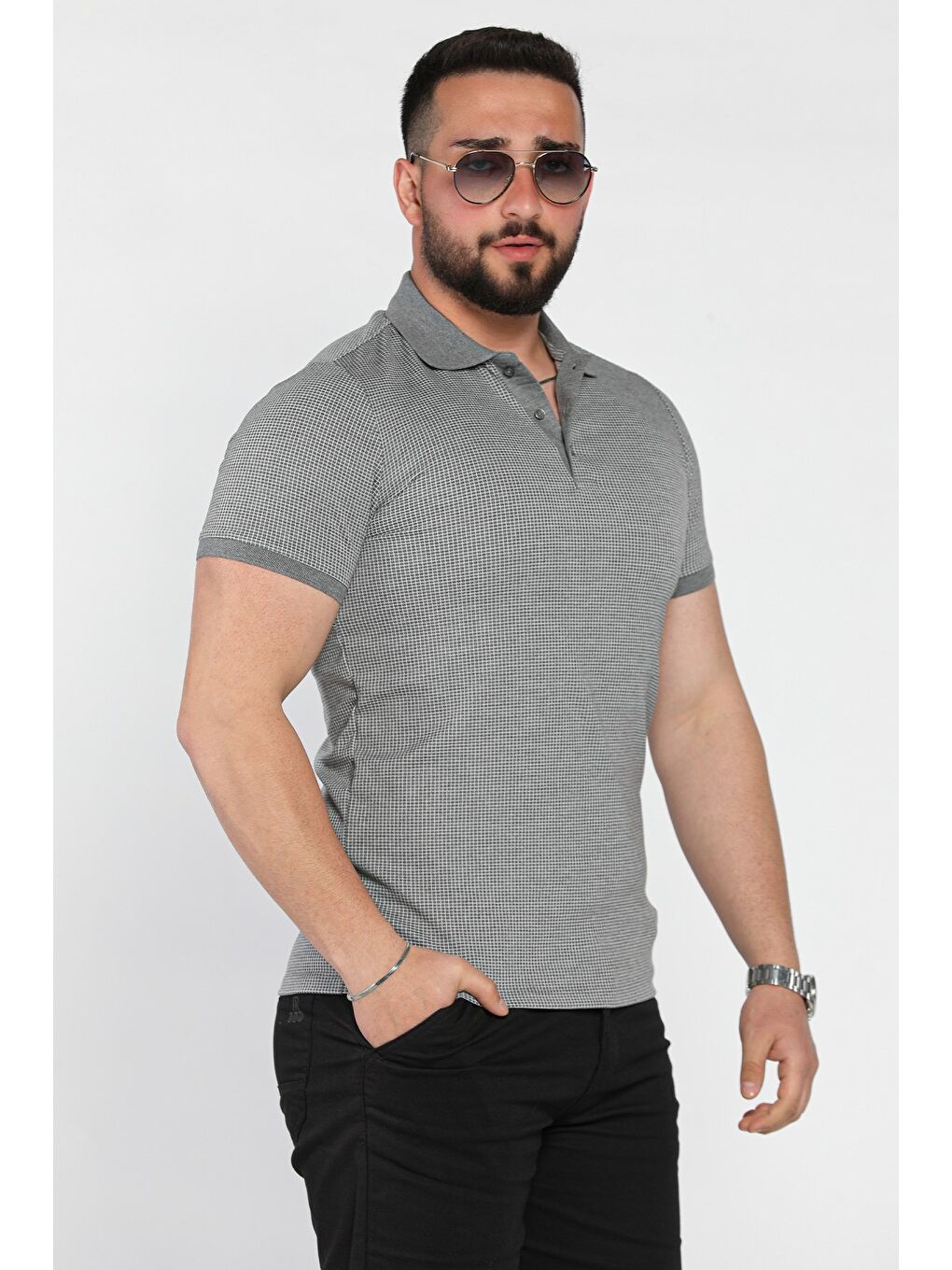 Gri Erkek Polo Yaka Yarım Düğmeli Tişört-1