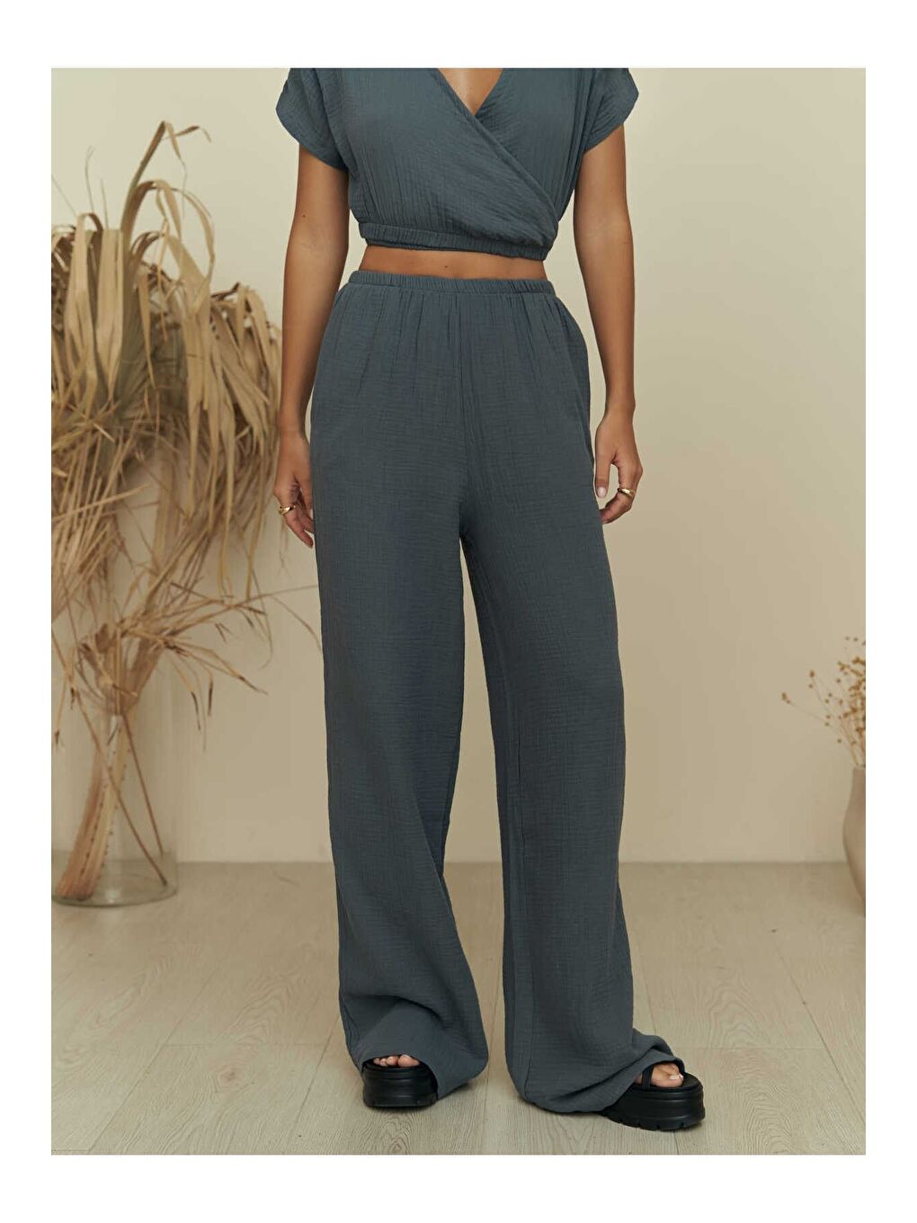 Phuket Antrasit Müslin Crop Takım-4