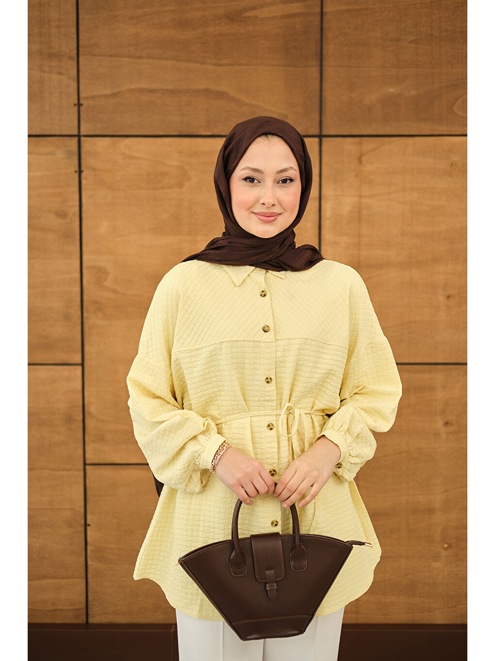 Kadın Kabartma Kare Desenli Gömlek Sarı-3