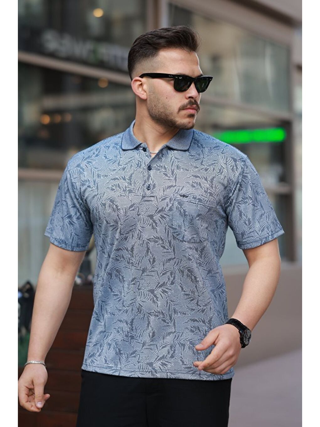 Lacivert Erkek Yakalı Jakar Baskılı Kısa Kollu T-shirt