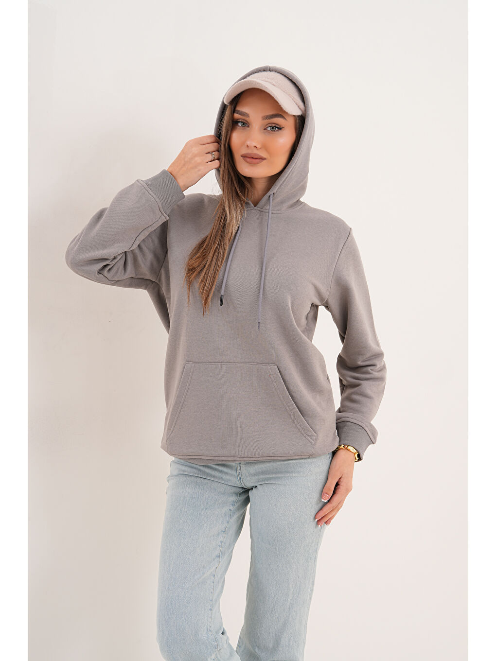 Gri Unisex %100 Pamuk Basic Premium Kapüşonlu Sweatshirt-1