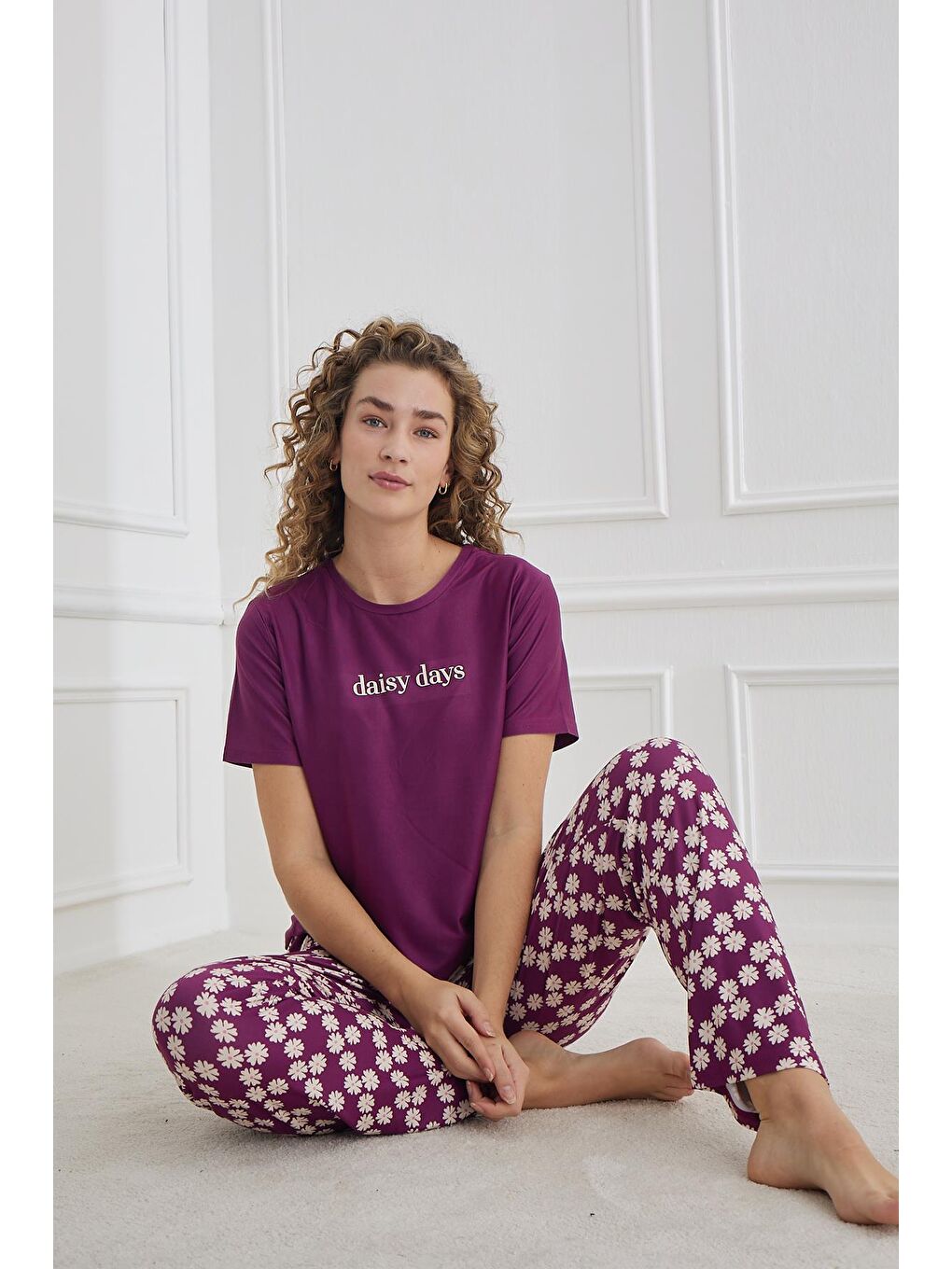 Kadın Papatya Desenli Bisiklet Yaka Pijama Takım | Mor 30102-1284-1