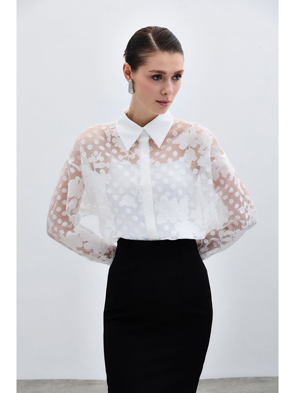 Kendinden Desenli Gömlek - Ekru-3