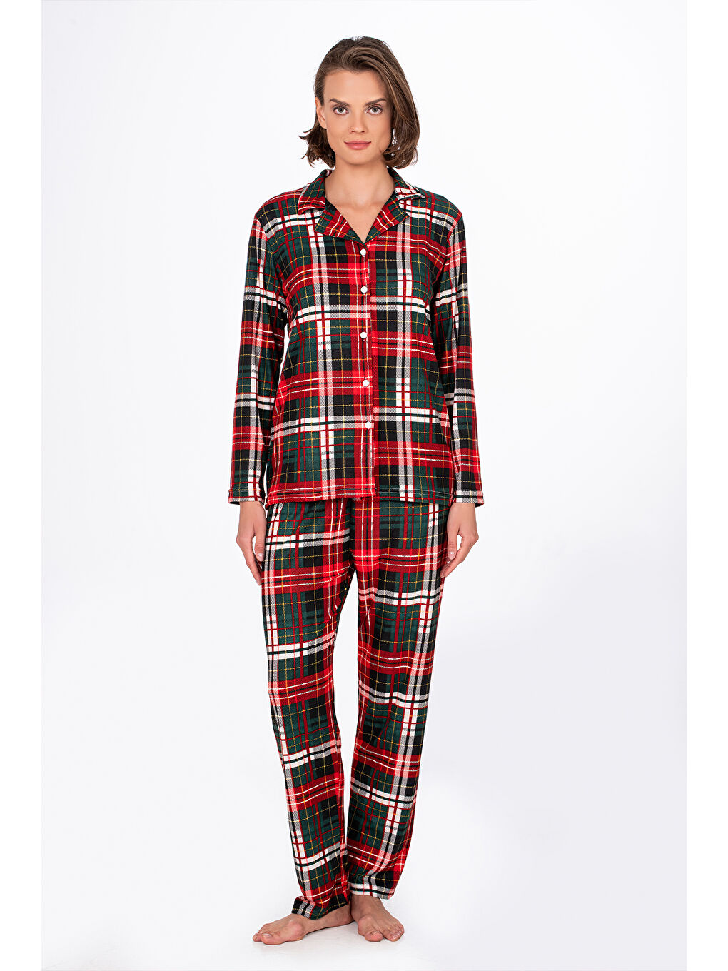 Kırmızı Kadın Süet Önden Düğmeli Pijama Takımı | Yeşil Ekose