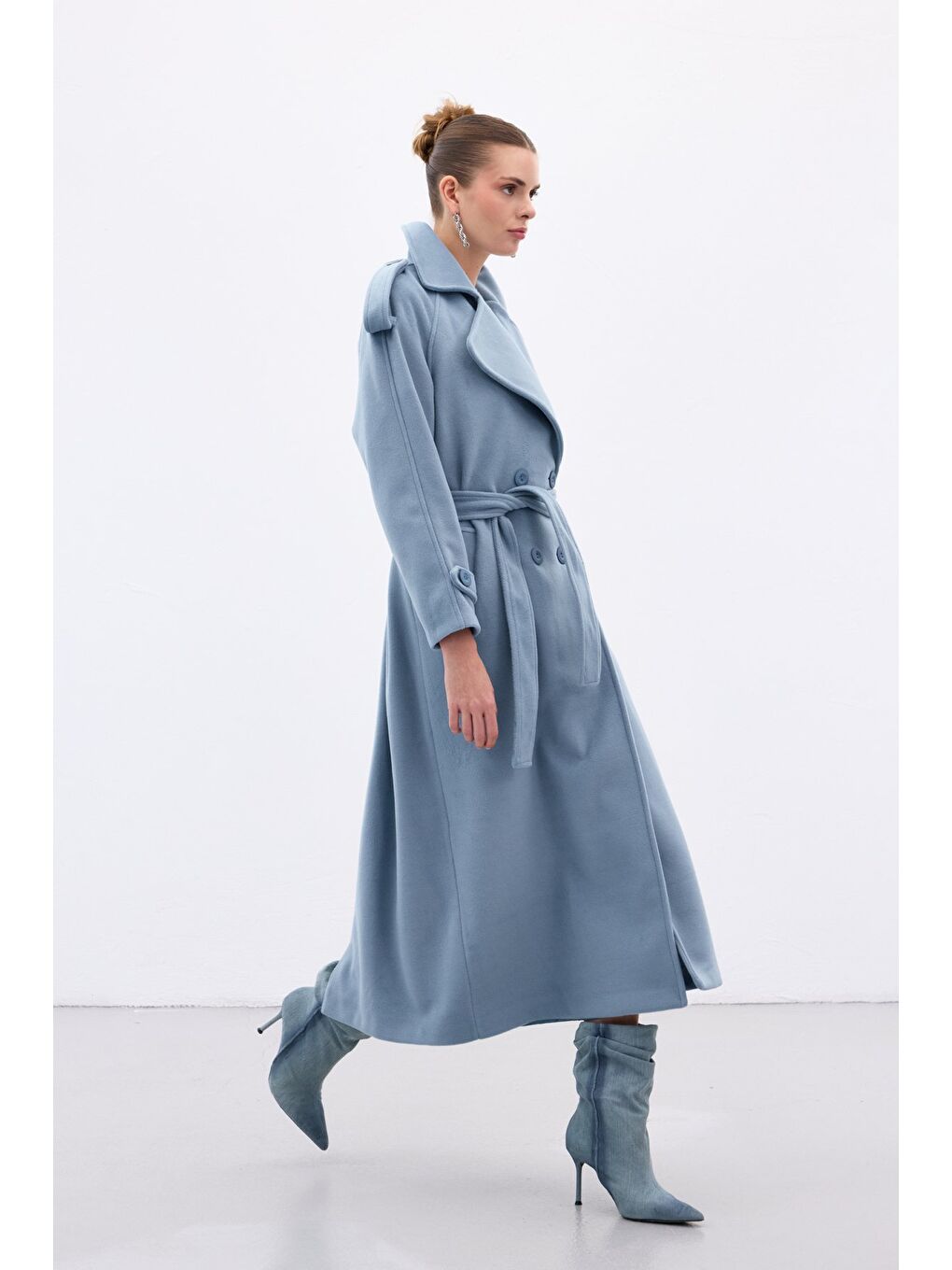 Geniş Yaka Uzun Kaban - Mavi-2