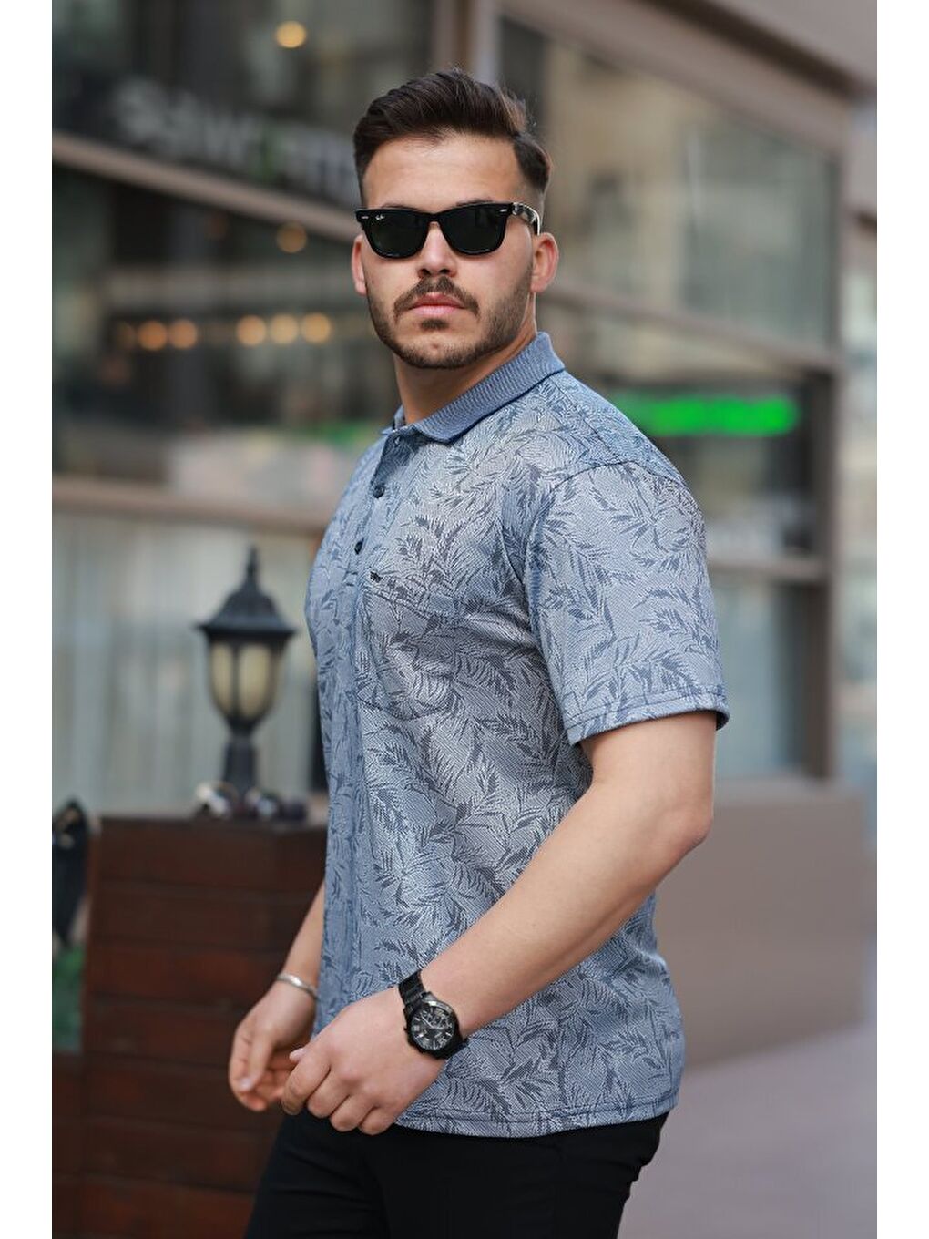 Lacivert Erkek Yakalı Jakar Baskılı Kısa Kollu T-shirt-1