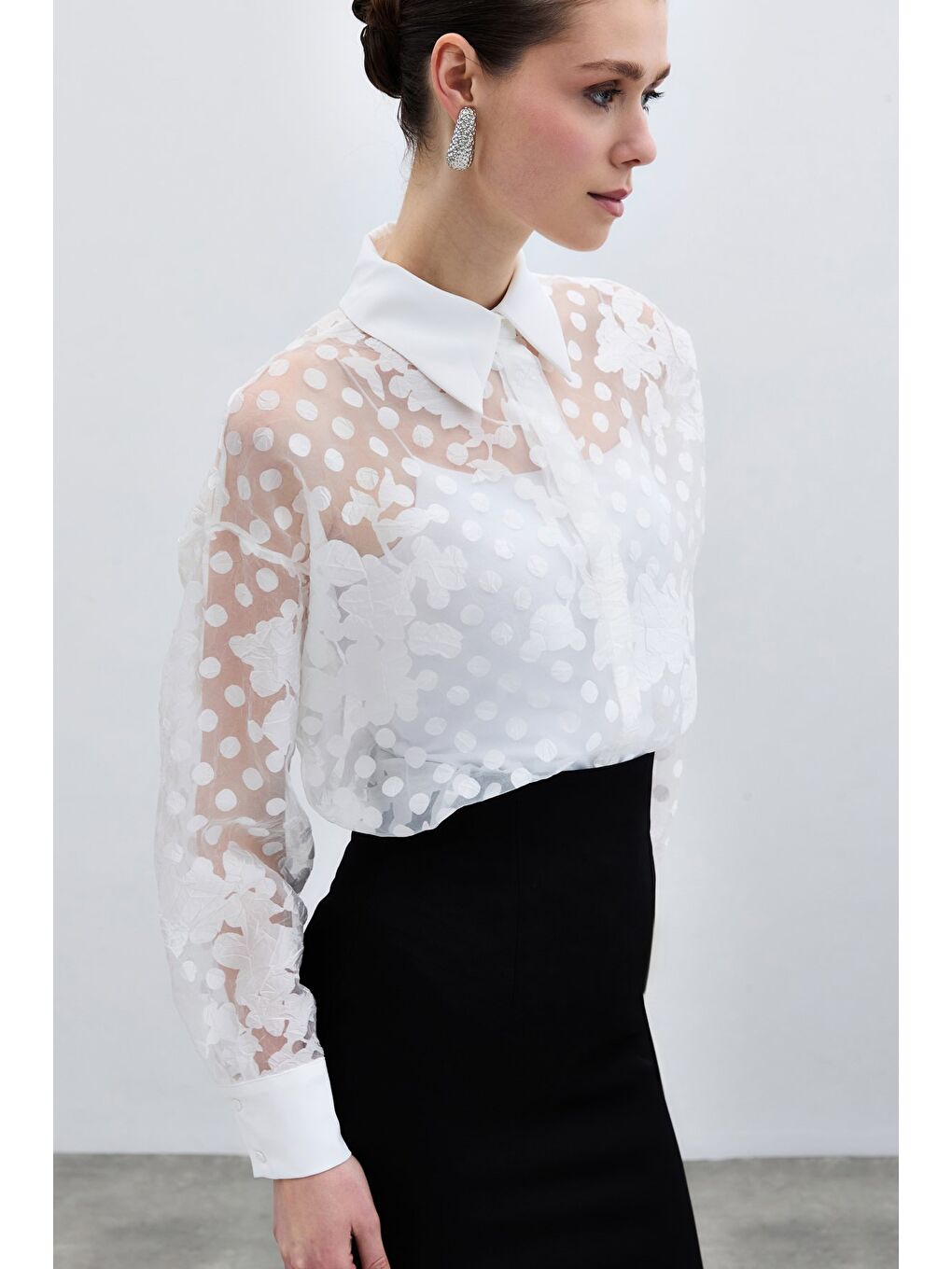 Kendinden Desenli Gömlek - Ekru-4