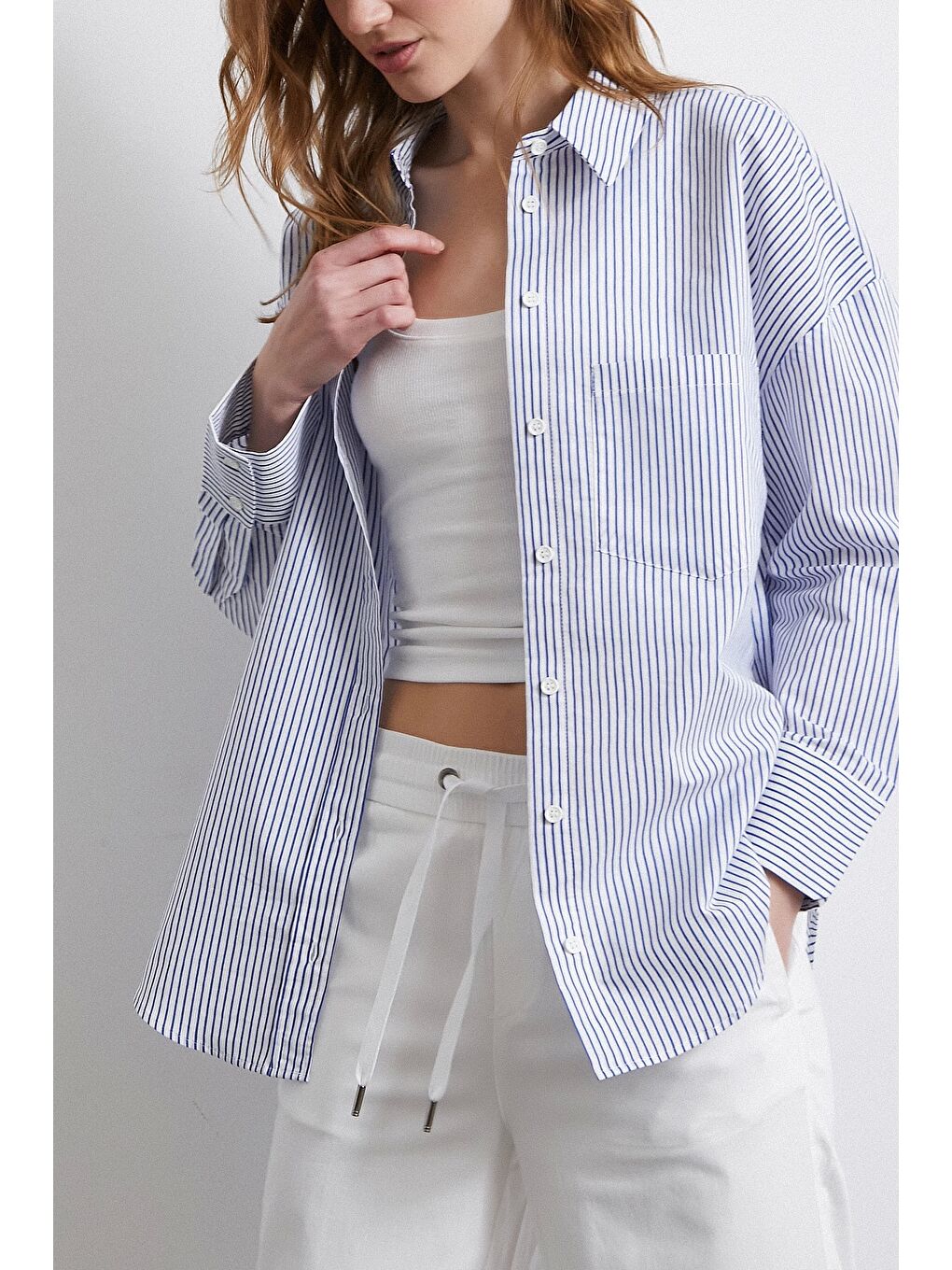 İnce Çizgili Gömlek Mavi