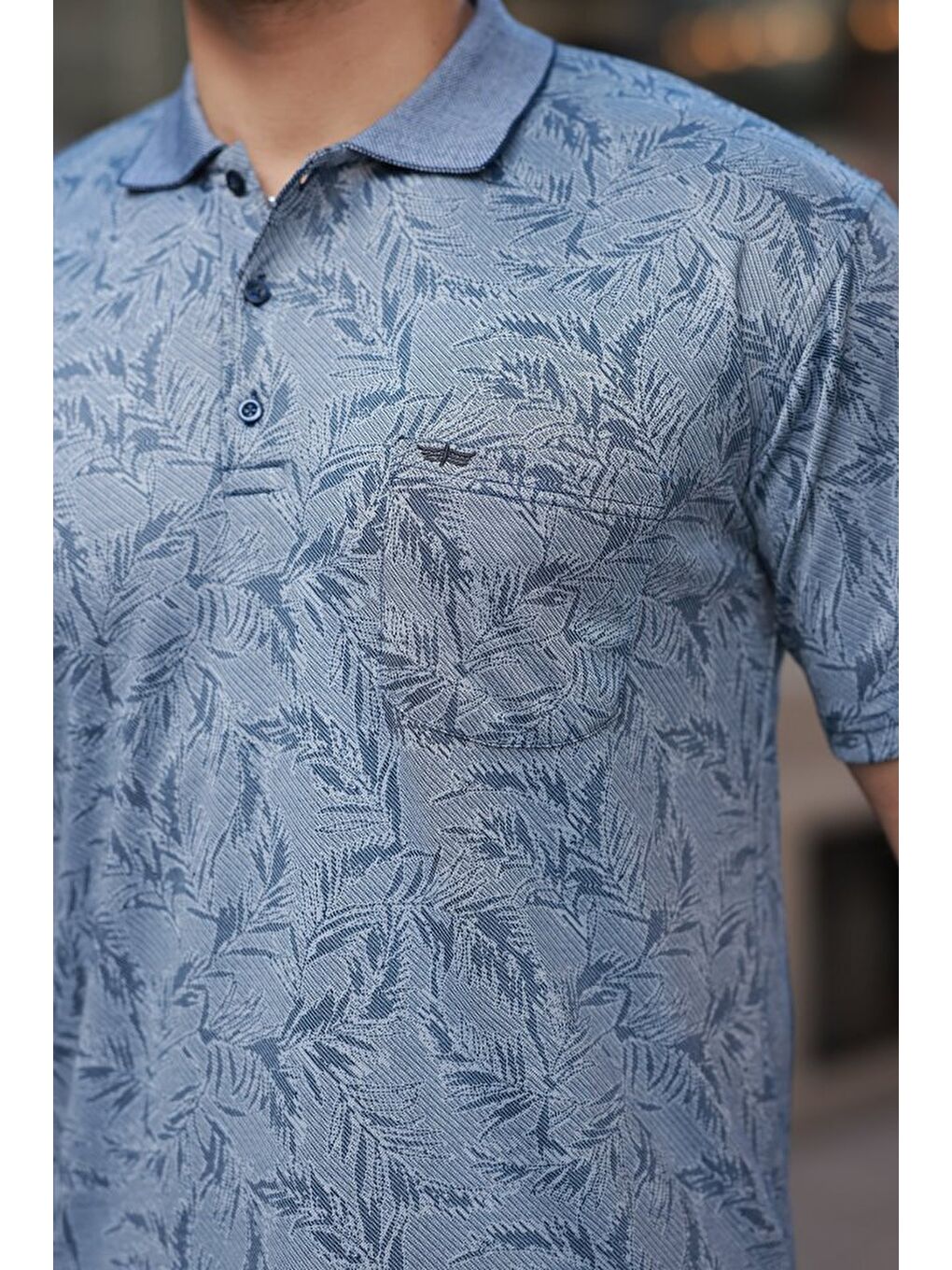 Lacivert Erkek Yakalı Jakar Baskılı Kısa Kollu T-shirt-2