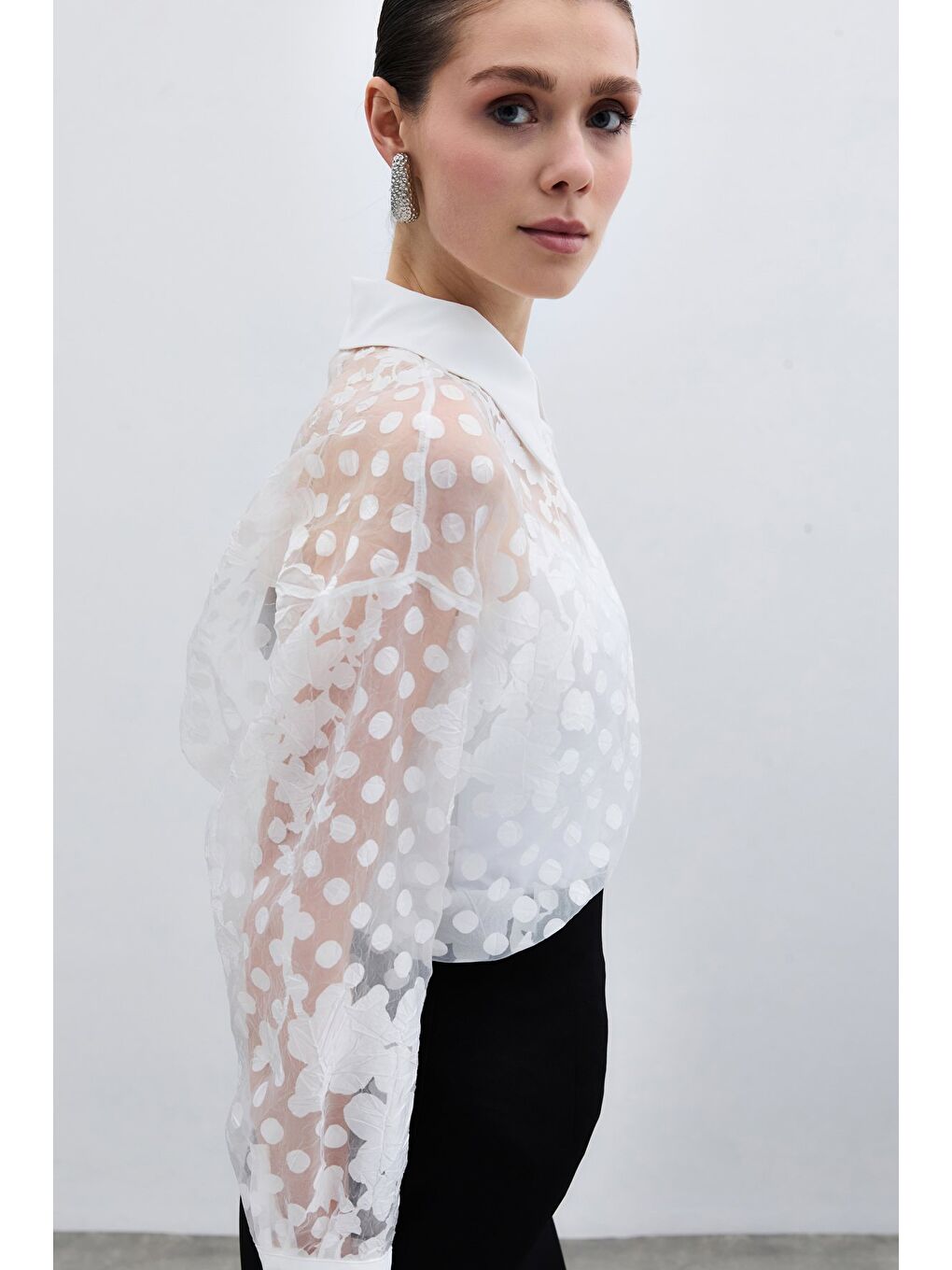 Kendinden Desenli Gömlek - Ekru-5