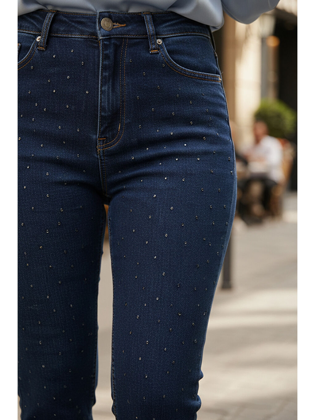 Taş Detay Bootcut Denim Pantolon 35772 Koyu Lacivert-1