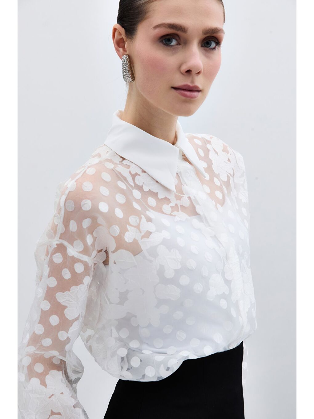 Kendinden Desenli Gömlek - Ekru-6