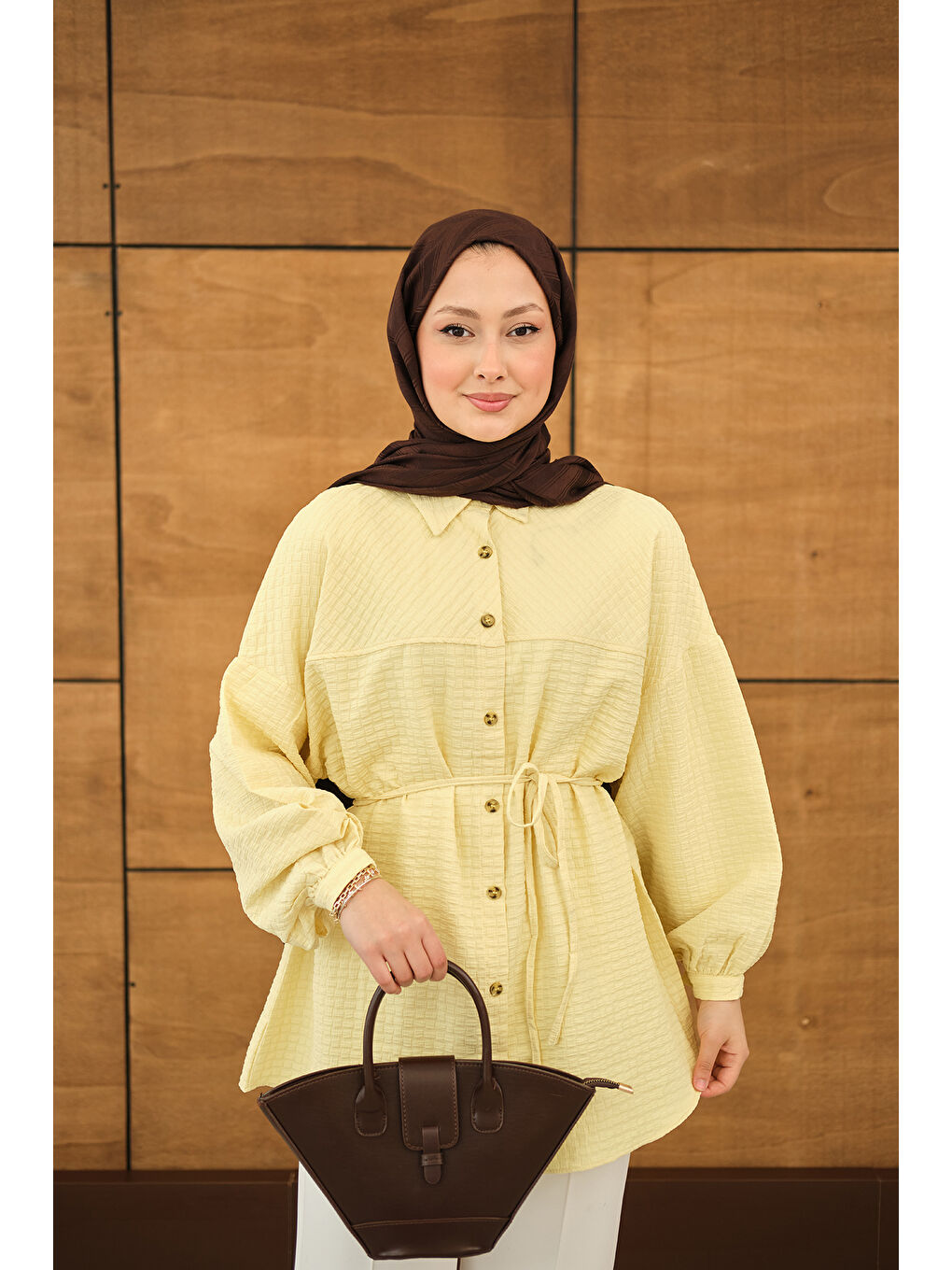 Kadın Kabartma Kare Desenli Gömlek Sarı-4