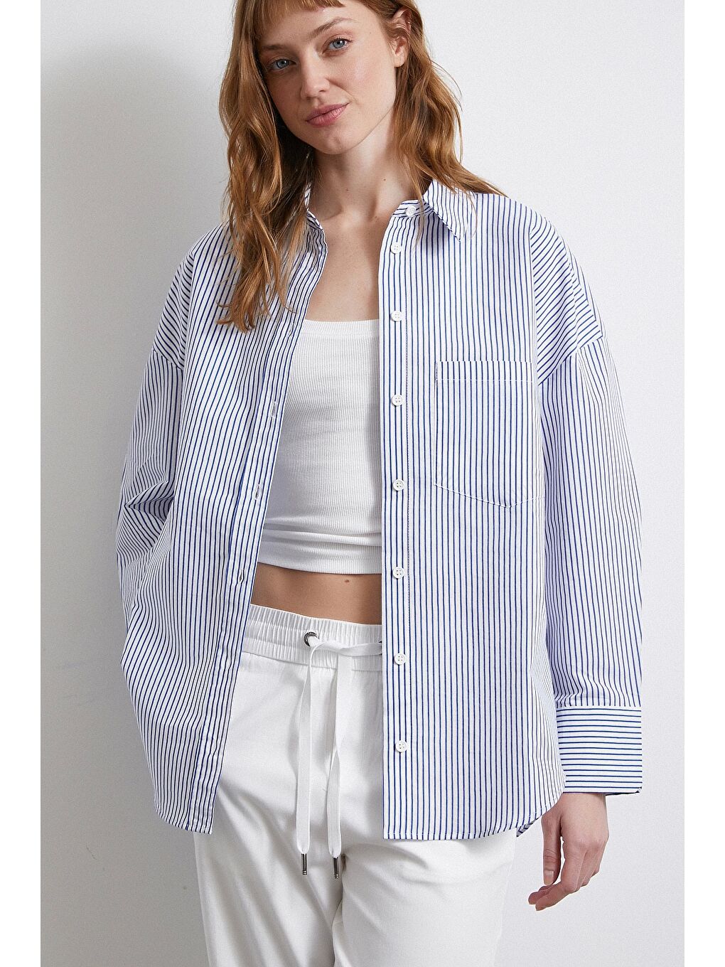 İnce Çizgili Gömlek Mavi-3