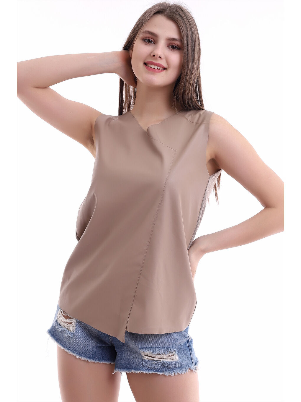 Bej Önü Deri Arkası Triko Kolsuz Bluz VIZON-3