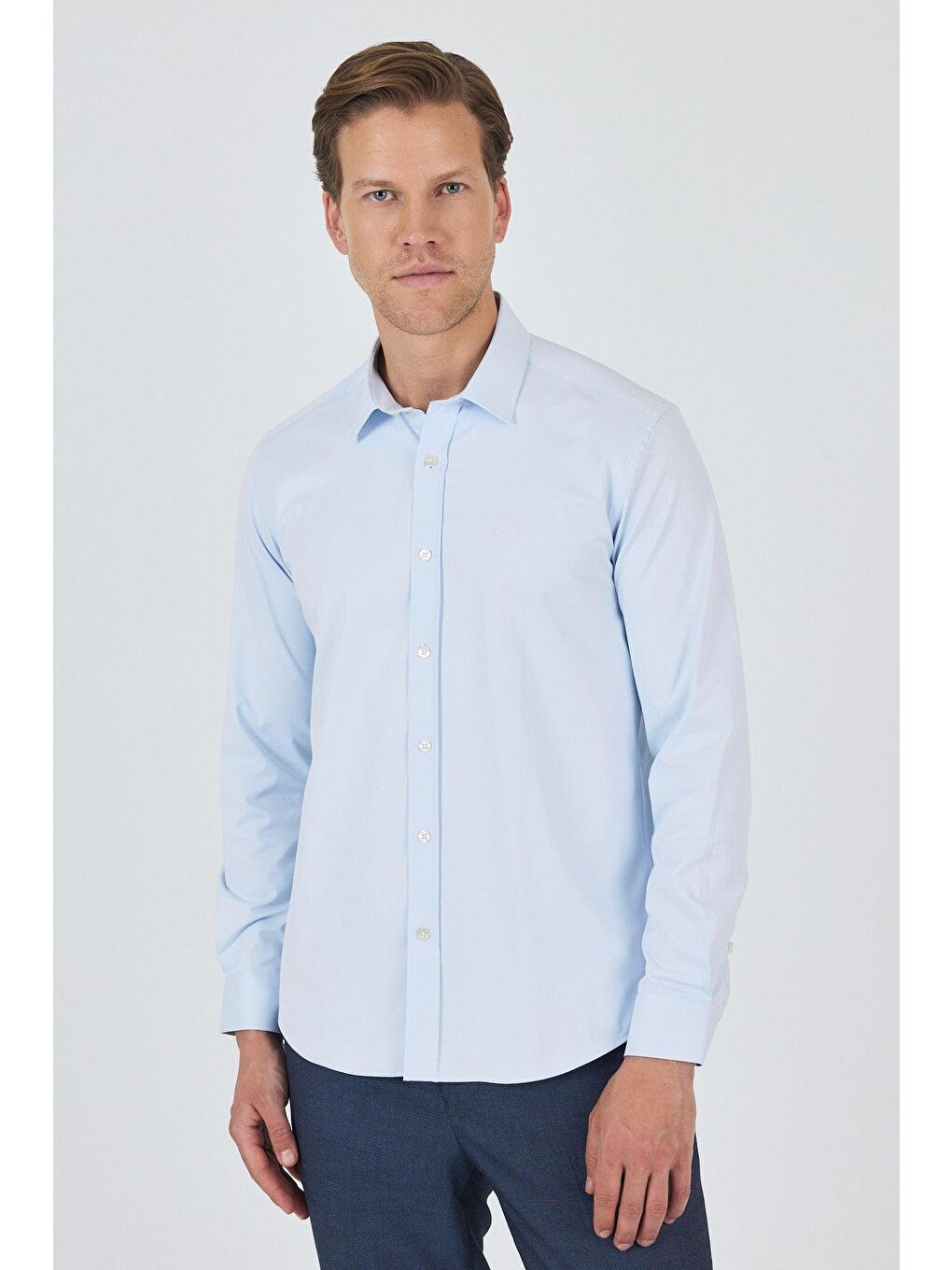 Mavi Uzun Kol Düz Bez Ayağı Sert Yaka Cepsiz Pamuklu Classic Slim Fit Gömlek 1004250211-3