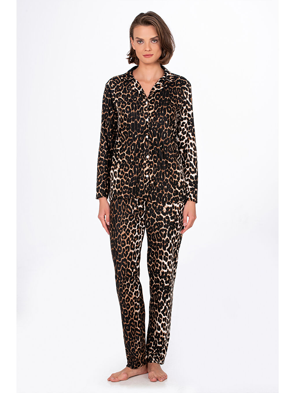 Siyah Kadın Süet Önden Düğmeli Pijama Takımı | Leopar